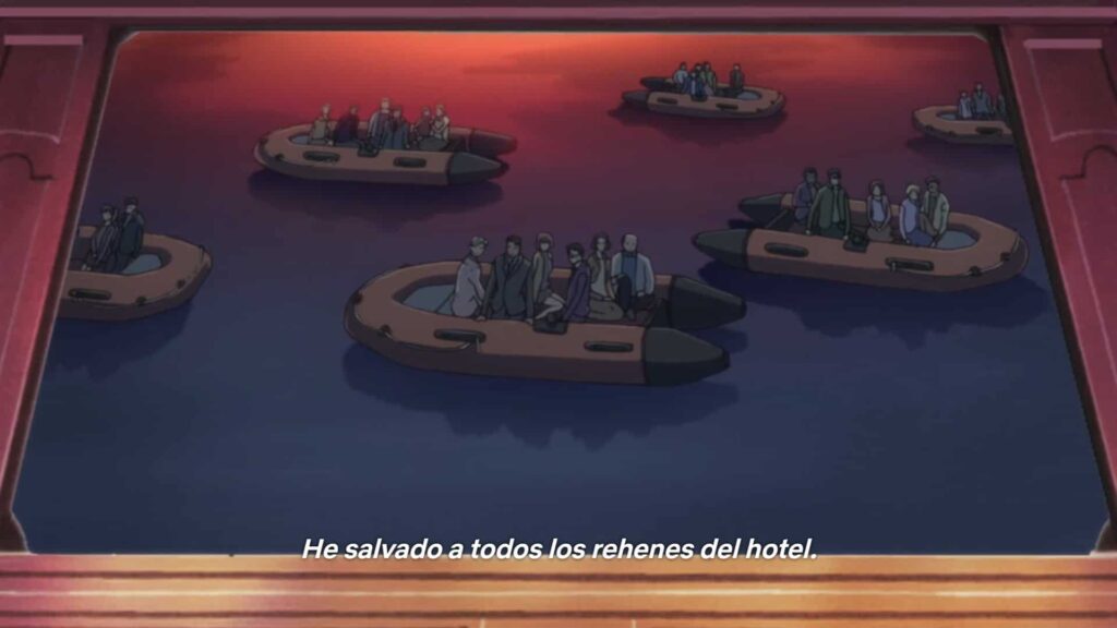 Zero y los caballeros negros rescatan a los rehenes del hotel