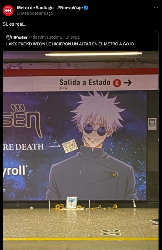 Twitter oficial del metro de Chile haciendo comentarios hacia el altar de Satoru Gojo en Chile